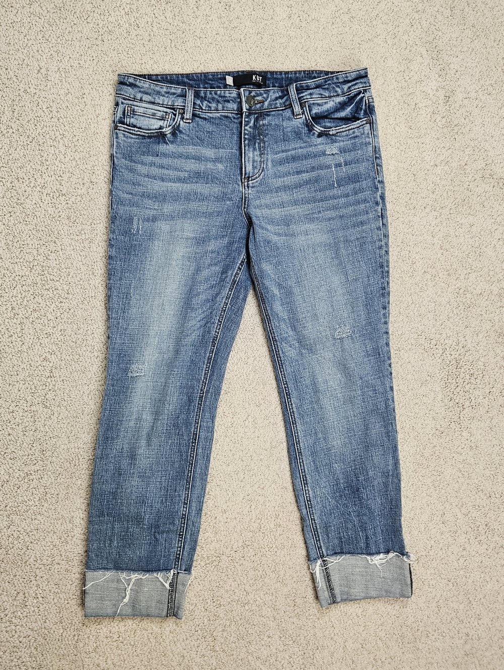 Kut From The Kloth Catherine Boyfriend Jeans Frayed Rolled Cuff Women 12 Stretch
